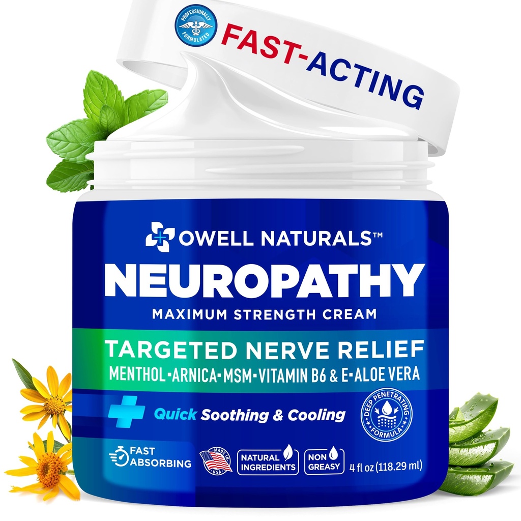 OWELL NATURALS Neuropatie Cream Extra Putere Nervi Cream pentru picioare, mâini, picioare, degetele de la picioare cu Arnica, vitamina B6, Aloe Vera, MSM - Made in USA