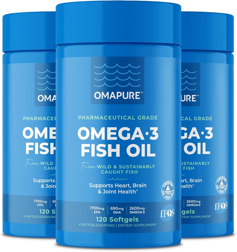 OMAMPURE Suplimente de ulei de pește cu Omega 3 Acidi grași (3 sticle, 120 Softgels) - EPA ridicat, DHA, & IFOS Pastile de ulei de pește suport inima și sănătatea comună - ulei de pește fără burple promovează funcția creierului