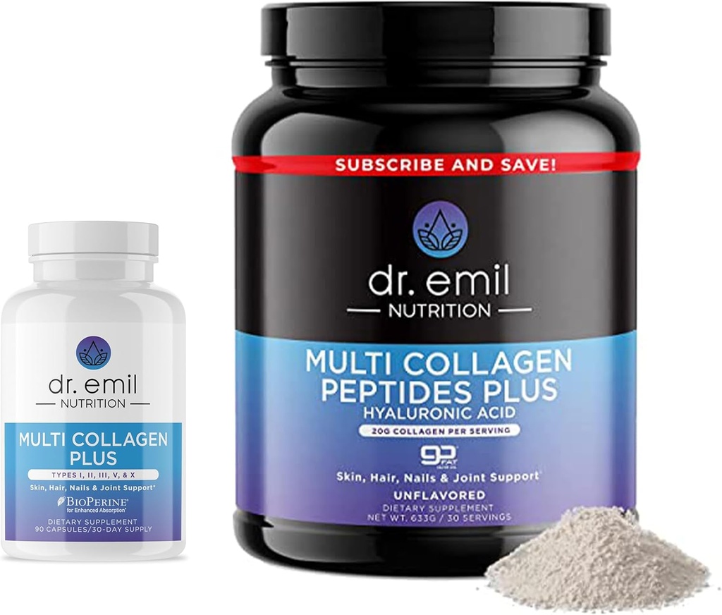DR. EMIL NUTRITION Complet Multi Colagen Bundle - Dublu Colagen & dublu Parul, Skin & Nails Beneficii - Colagen Peptide pastile & Colagen Powder Bundle (30 Serviri)