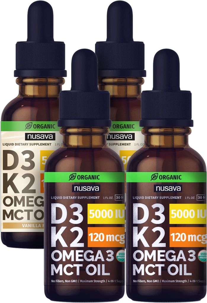 NUSAVA D3 K2 picături lichide nearomatizate și vanilie arovă D3 K2 picături lichide Bundle - vitamine lichide potente pentru inimă, articulație, os, mușchi, și suport imunitar - non-GMO, gluten-free, 2pk Fiecare