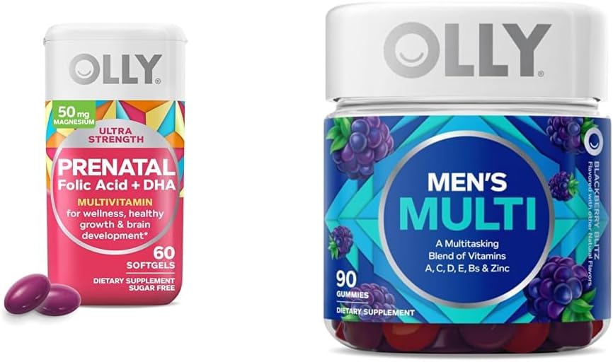 OLLY Prenatal Multivitamine Softgels și Men Multivitamine Gummy Vitamine Bundle, 60 și 90 Conte