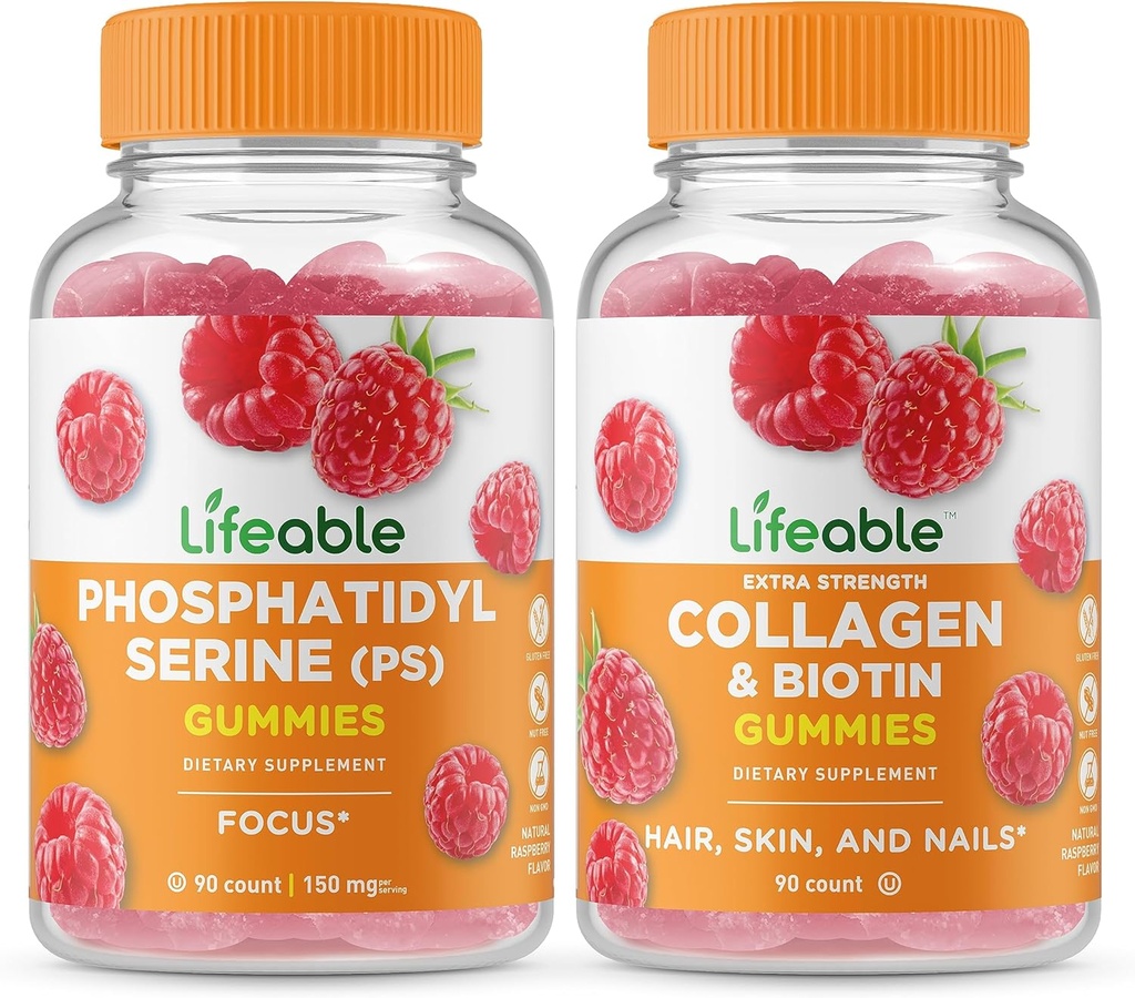 Fosfatidilserină (PS) vie + Colagen & Biotin, Gummie Bundle - mare Tasting, Supliment de vitamine, Gluten gratuit, OMG gratuit, Gummy masticabil
