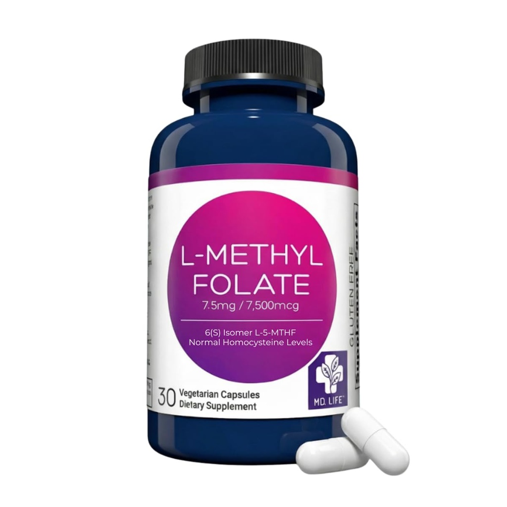 MD Life L-Metilfolat 7,5 mg supliment - Professional-Grad Active L Metilfolat Supliment - 30 capsule - L-metilfolat 7,5 mg - Potenţă maximă MTHFR W/Aminoacidi esenţiali
