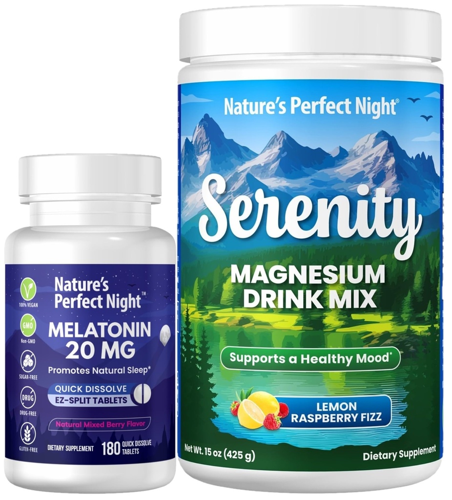 Nature's Perfect Night Melatonin 20mg rapid dizolva mixt Berry 180 Conte cu Serenity Magneziu pulbere 15 oz Lemon Raspberry