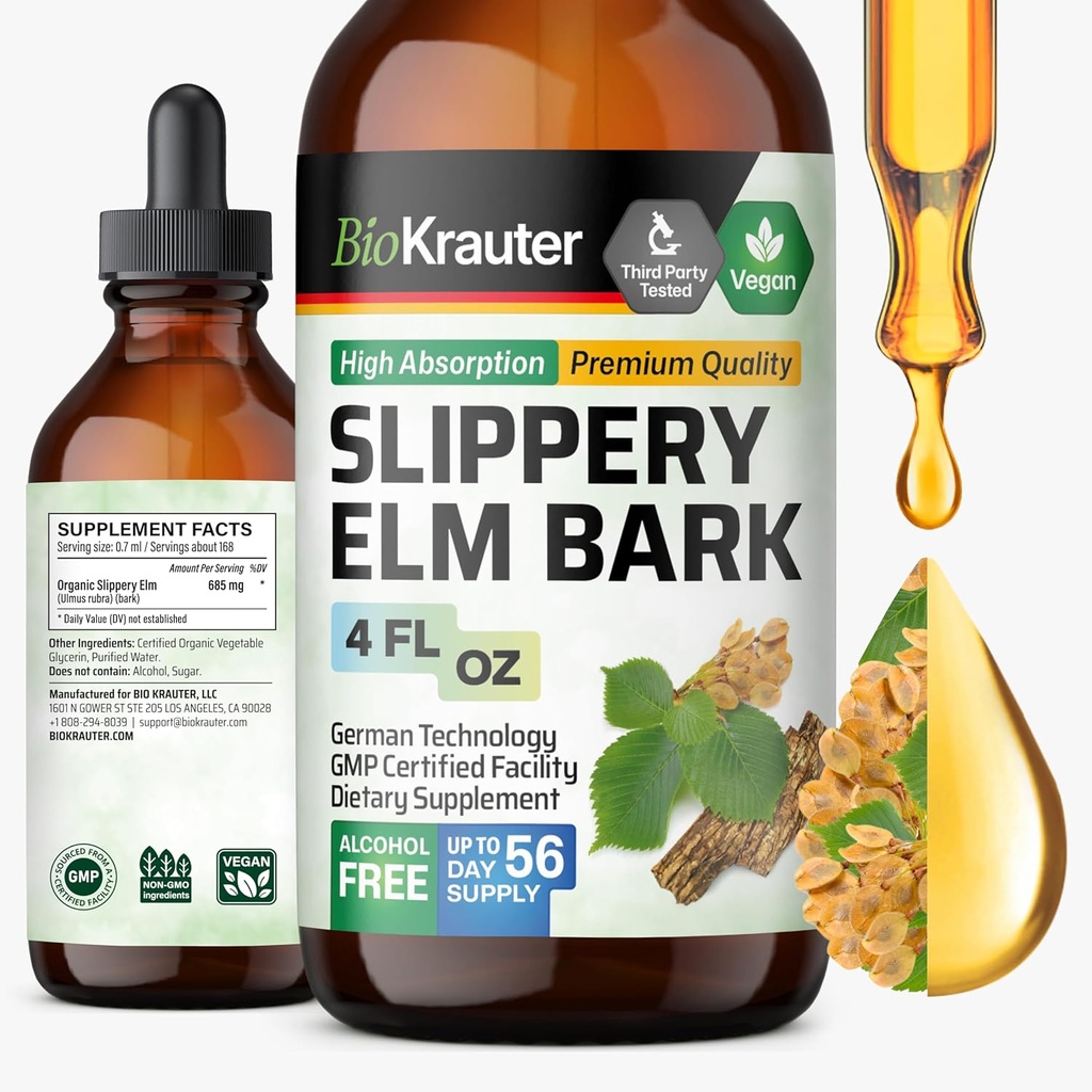 BIO KRAUTER Slippery Elm Bark Tincture - ulm pur alunecos pentru femei și bărbați - 4 Fl.Oz. 56 zile de aprovizionare - Suport pentru gât și voce - Picături lichide Vegane pentru plămâni - Respirație și Digestive Health
