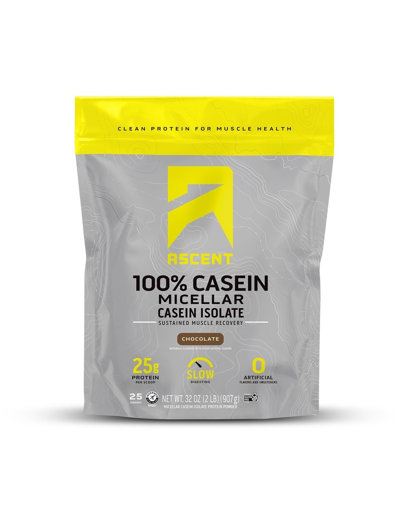 Ascens Casein Proteine pulbere - 25g Micellar Casein pulbere cu zero arome artificiale & îndulcitori, Gluten-Free, fără adaos de zahăr, 4,9g BCAA, 2.2g Leucine - Ciocolată, 2 Lire