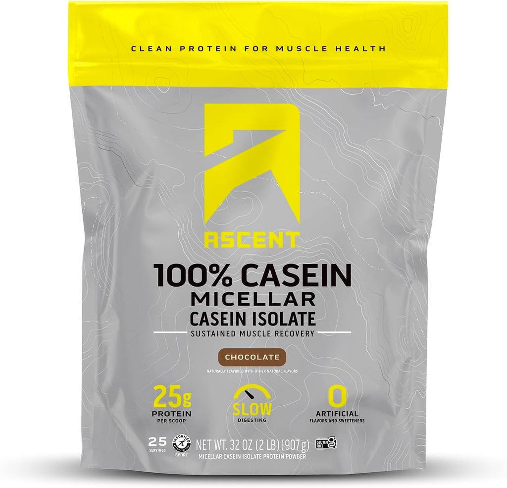 Ascens Casein Proteine pulbere - 25g Micellar Casein pulbere cu zero arome artificiale & îndulcitori, Gluten-Free, fără adaos de zahăr, 4,9g BCAA, 2.2g Leucine - Ciocolată, 2 Lire