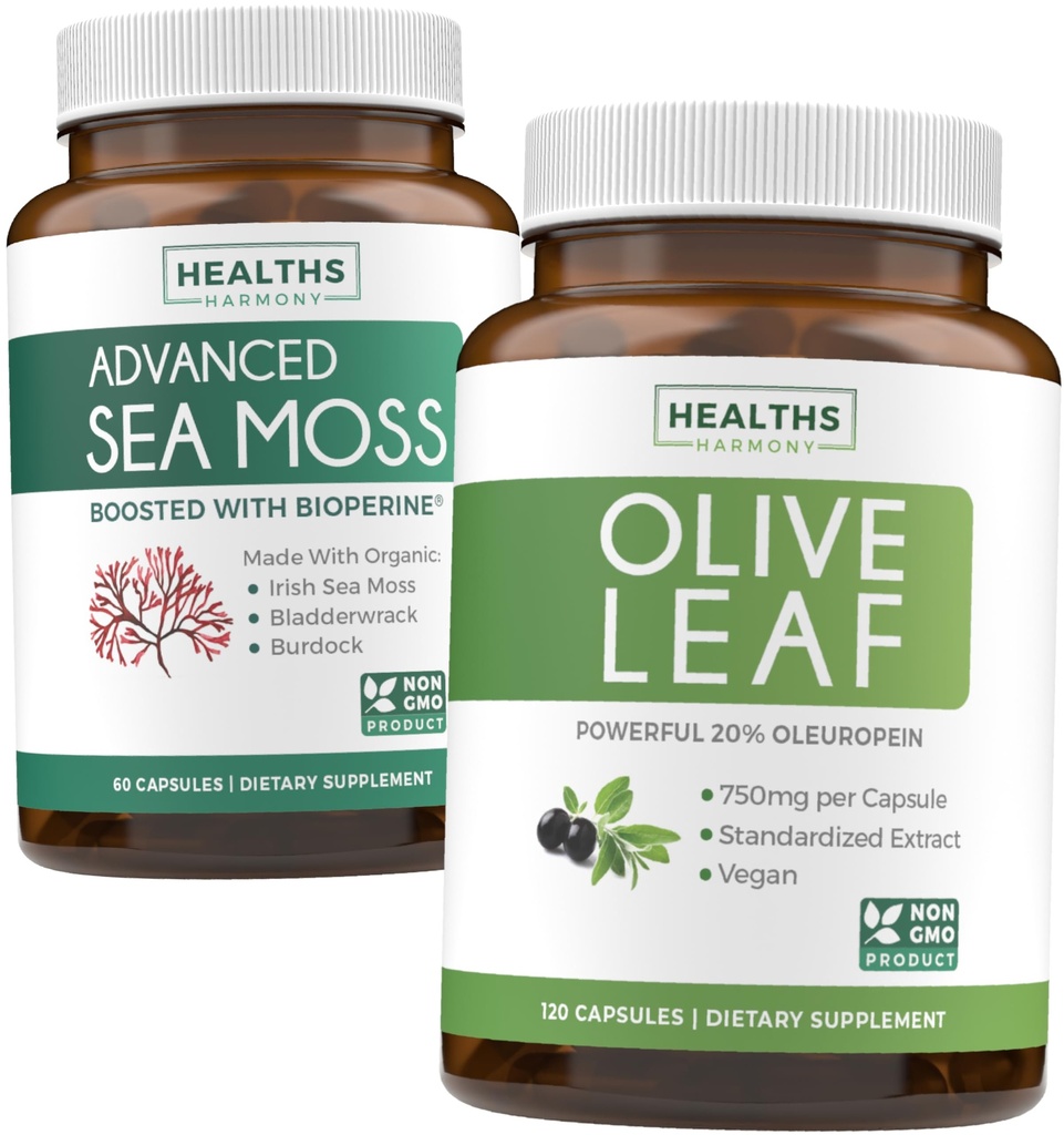 Sea Moss & Olive Leaf Extract (1-Lonth Supply) Olive Moss Blend - Organic Sea Moss - Raw Vegan Supplement (60 Caps) & Olive Leaf Extract Super Putere: 20% Oleuropein - Vegetarian (120 Caps)