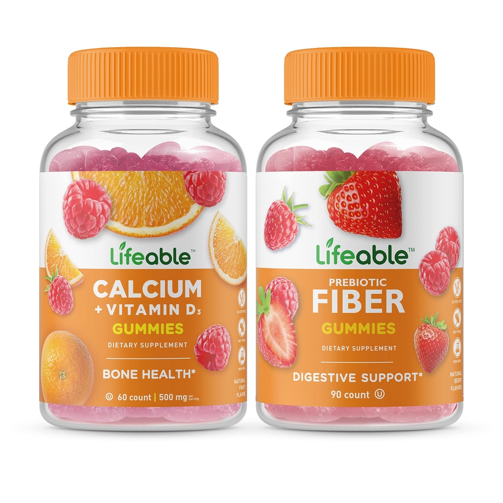 Calciu de viață cu vitamina D + Fibră prebiotică 5g, Gummie Bundle - mare degustare, Supliment de vitamine, Gluten gratuit, OMG-uri gratuit, Mestecabil