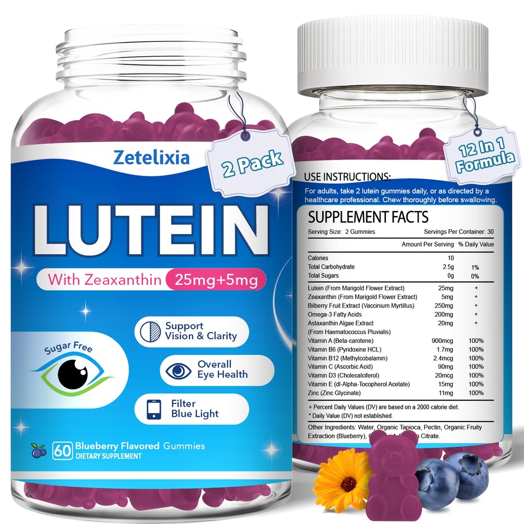 2 ambalaj Gume lutein, 12 din 1 Lutein și Zeaxanthin Suplimente Vitamine Ochi pentru adulți, Suplimentul pentru sănătatea ochilor cu vitamine multiple pentru promovarea ochi și viziune - 120 gume