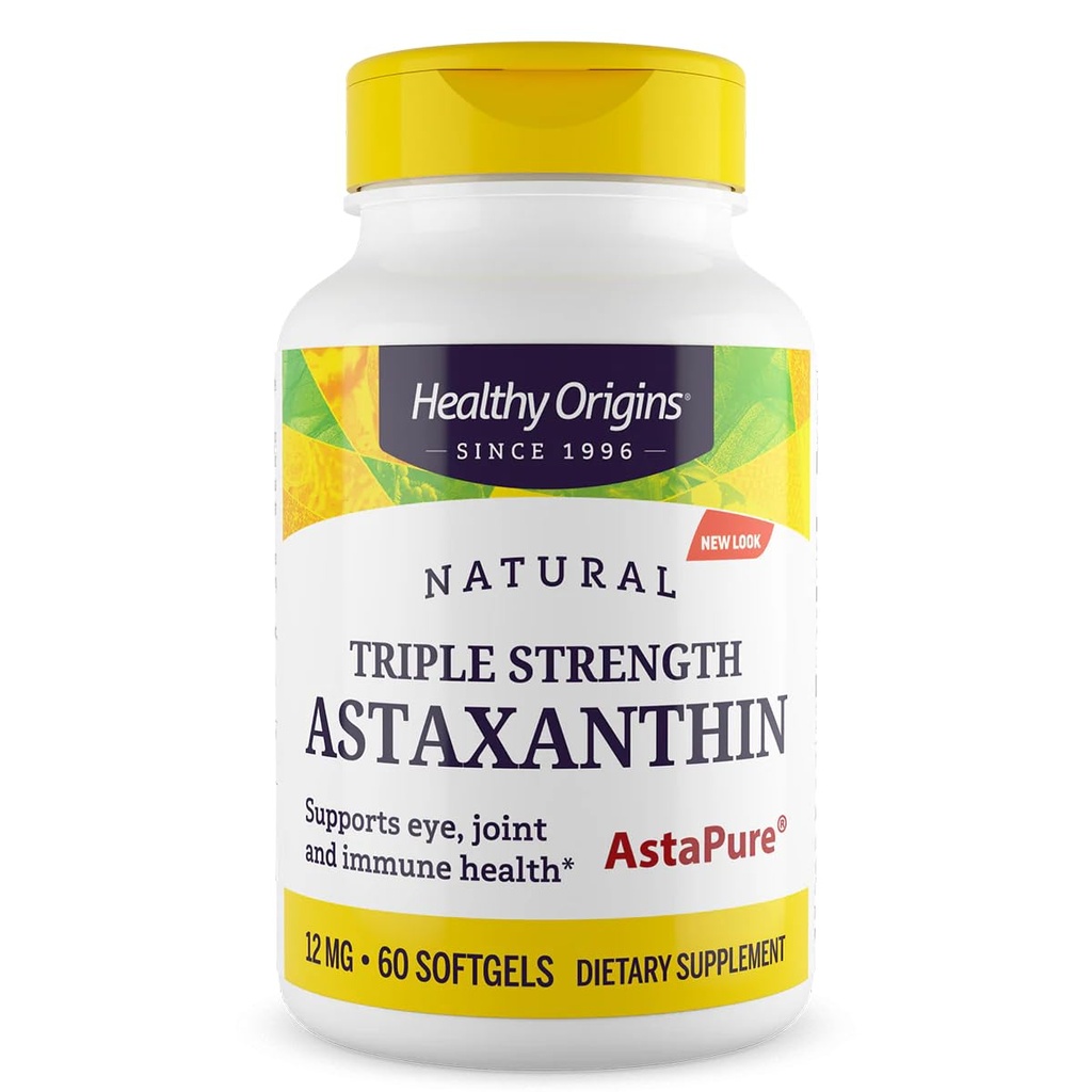 Origini sănătoase Astexanthin 12 mg (Natural, Astrapure, Triple Putere, Non-GMO, Gluten Free, Eye Support, Joint Support, Immune Support), 60 Softgels