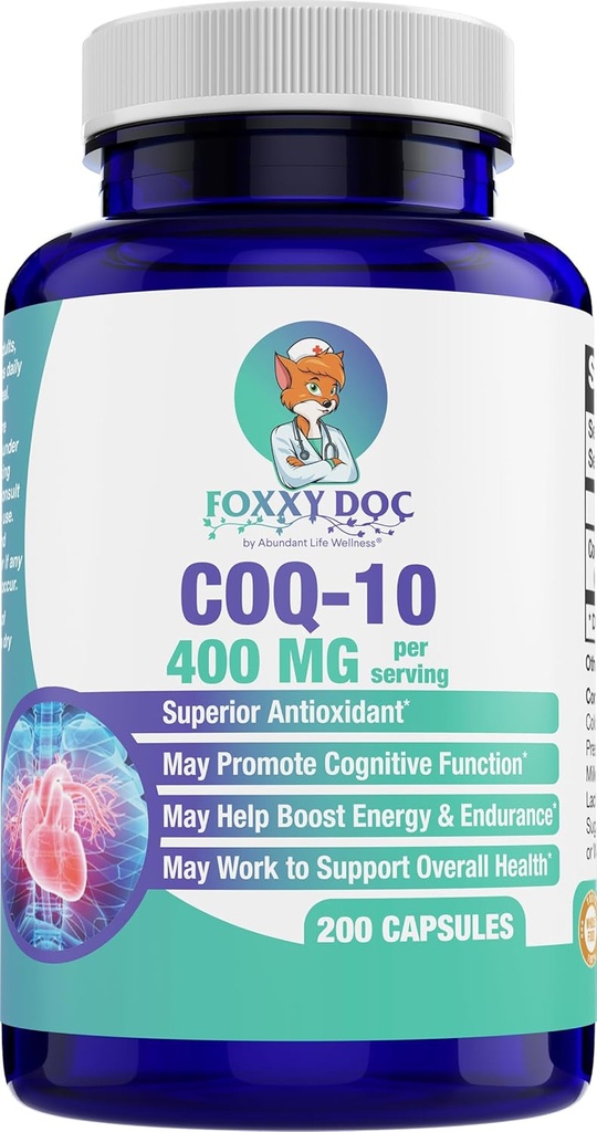 CoQ10 400 MG Per 2 Caps - Ubichinone - Valoarea excelenta - Inima, Creier si Suplimentul Cellular - Suport energetic - 200 Capse vegetale in sticla - de Foxxy Doc
