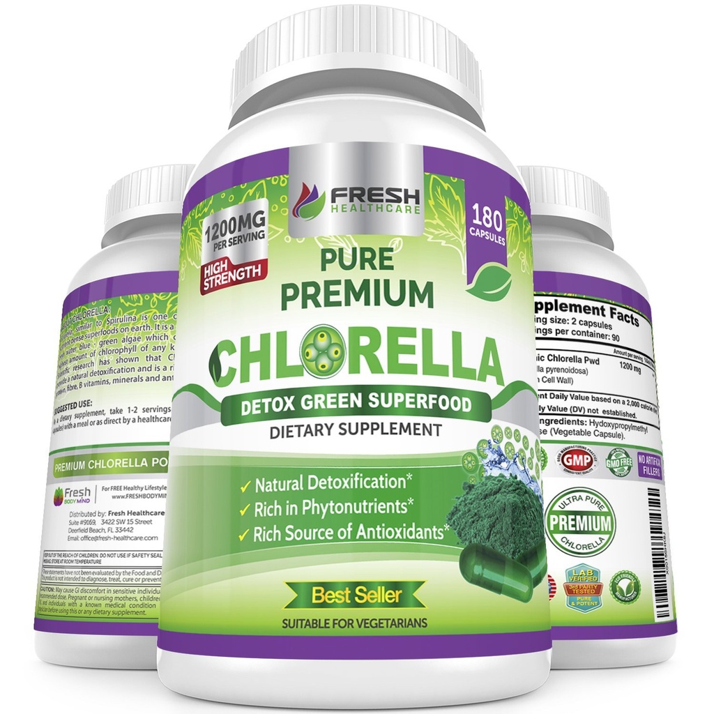 HEALKCARE Premium Chlorella Supliment, 1200mg Pure capsule cu pulbere Vegan, 180 Clorofile și pastile CFG, Detoxifiere naturală Superfood, conține în mod natural vitamine B și minerale