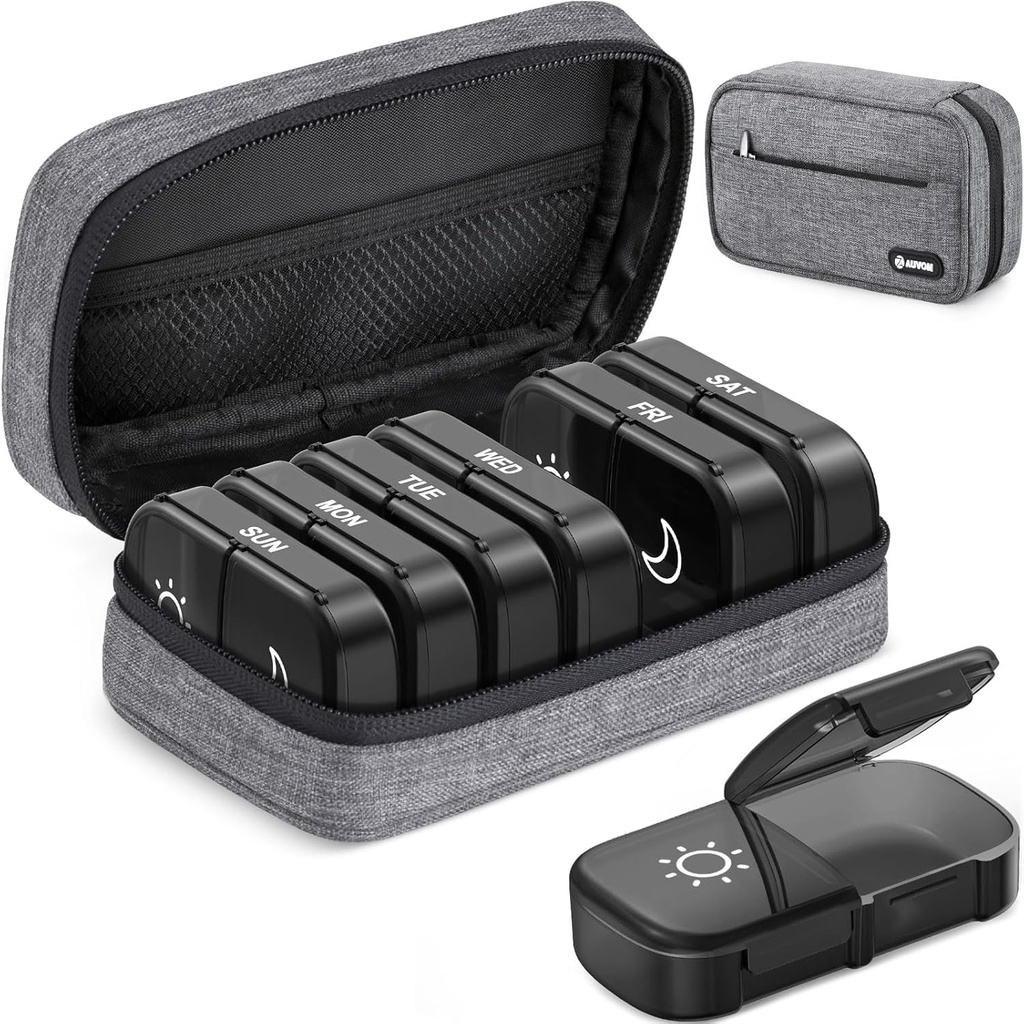 Auvon Canvas Bag XL Weekly Pill Organizator 2 ori pe zi, Travel Pill Box 7 zile cu o singură side mare deschidere, AM PM Pilula caz cu sac de îmbrăcăminte portabil pentru suplimente, vitamine, uleiuri de pește