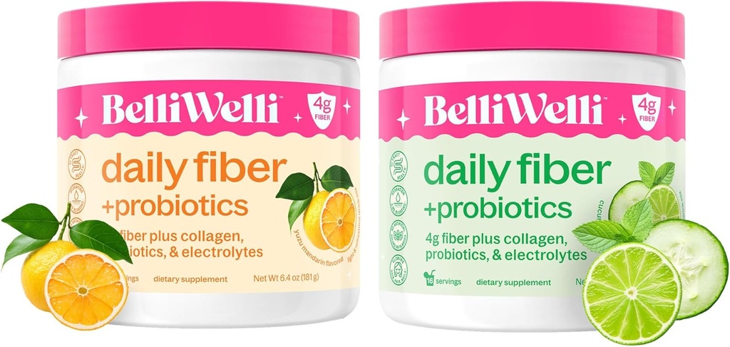 Daily Fiber Supplement Bundle with Added Colagen, Probiotics & Electrolytes - Castravete Lime Mint & Orange Yuzu Mandarin Flavors - Suporturi Digestive Health, Deblating & Hydration - 32 Serviri Total