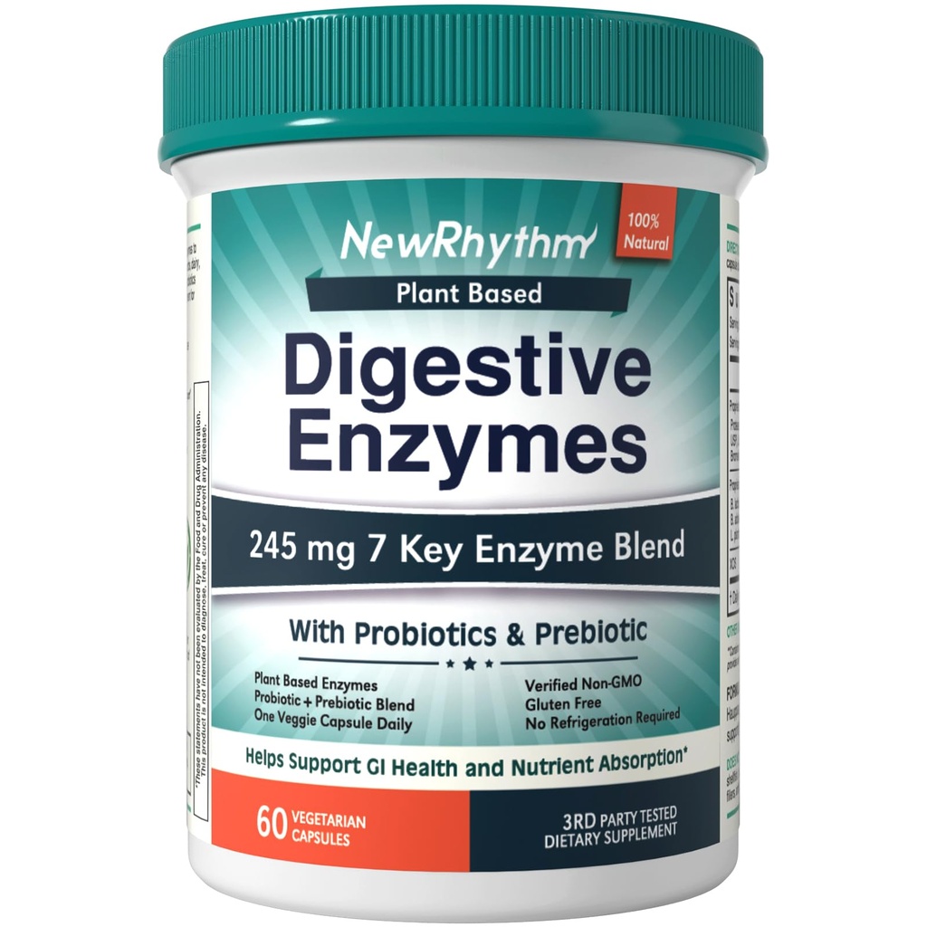 Enzime digestive NewRhythm 245 mg, cu probiotice şi prebiotice, pe bază de plante, 7 enzime cheie, digestia, absorbţia nutrientului, Proteaza Amylază şi Lipase, 60 capsule Vegane