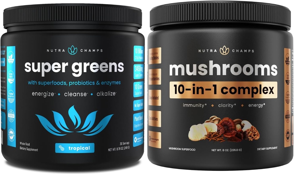NutraChamps Super Greens Tropical & Super Ciuperci: Creier Ultimate, Boost Gut & Body