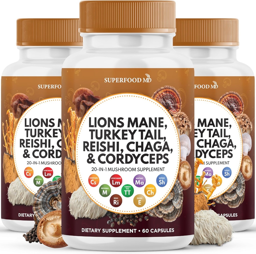 Lions Mane Mushroom Supliment cu Turcia Coada Reishi Cordyceps Chaga cu rădăcină de marshmallow - 180 Conte