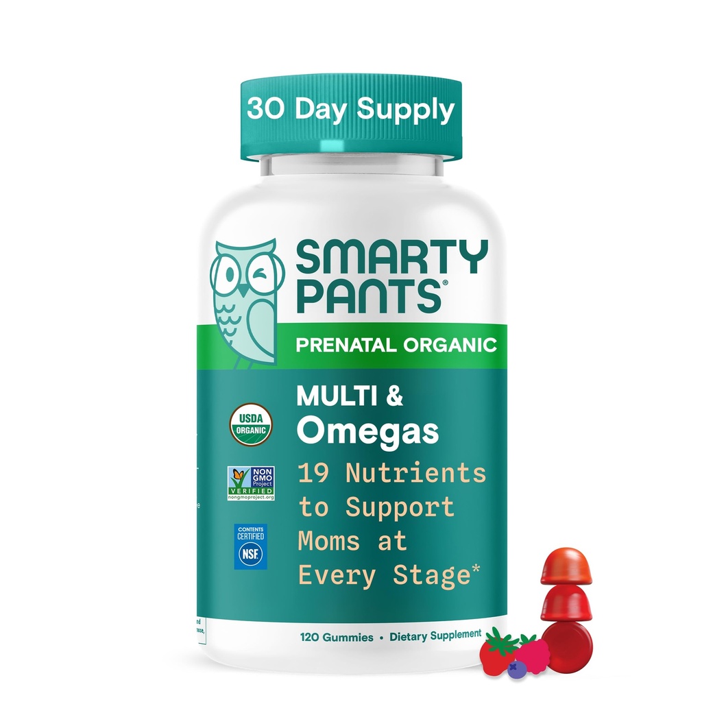 Vitamine prenatale organice SmartyPants pentru femei, Gume multivitamine: Biotin, Methylfolat, Omega 3 (ALA), Vitamina D3, C, Vitamina B12, B6, A, K2 & Zinc, Choline, Vegetarian, 120 Conte (30 Day Supply)