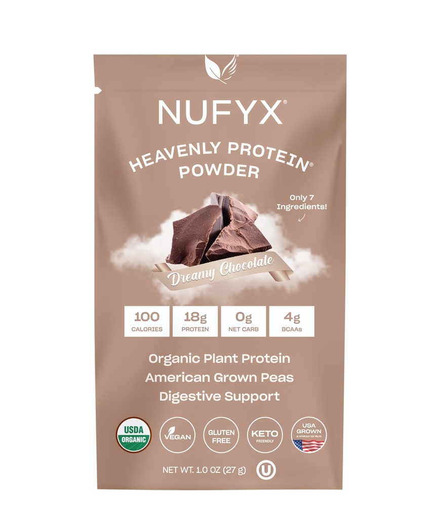 NUFYX® • Pudră Ceresc Proteina® • Lumea este cea mai fină 100% Organic American Grown Peas • Vegan • Gluten gratuit • Carb scăzut (Dreamy Chocolate, Packet)