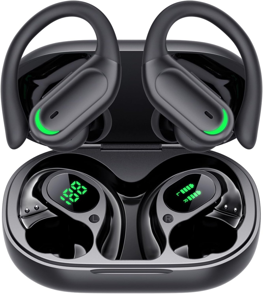 Căşti fără fir Bluetooth 5.4 Căști, 96hrs Playtime, Wireless Charging Case LED Display, Peste Căști ureche, ENC Zgomot Anulare, Hi-Fi Sound, IP7 rezistent la apă, pentru antrenamente sportive (Deep Black)