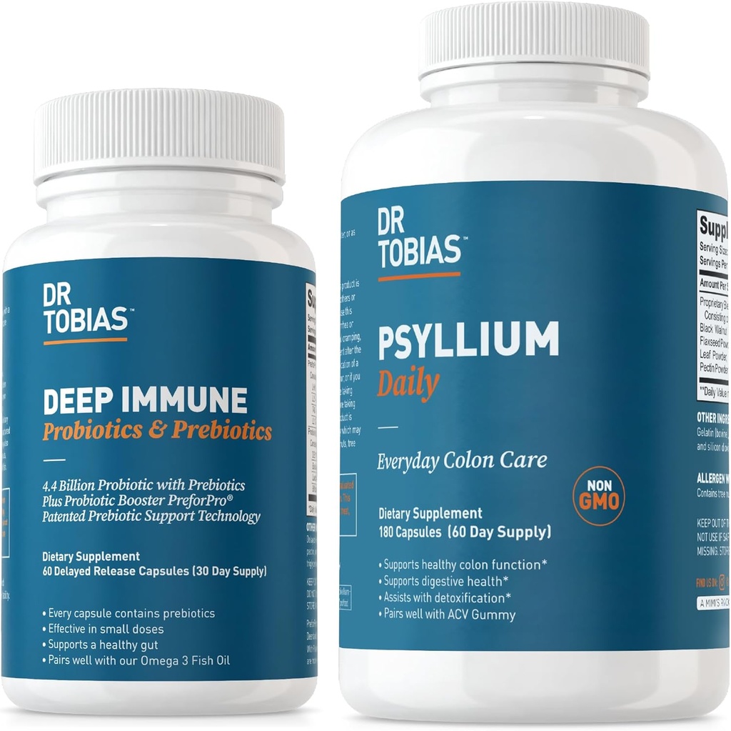 Dr. Tobias Probiotice imune profunde și prebiotice și Psyllium Daily, susține Digestive Health, Funcție imună Gut, Suplimentul Fibră zilnică în sprijinul Colon Health cu 4.4. Miliarde CFU