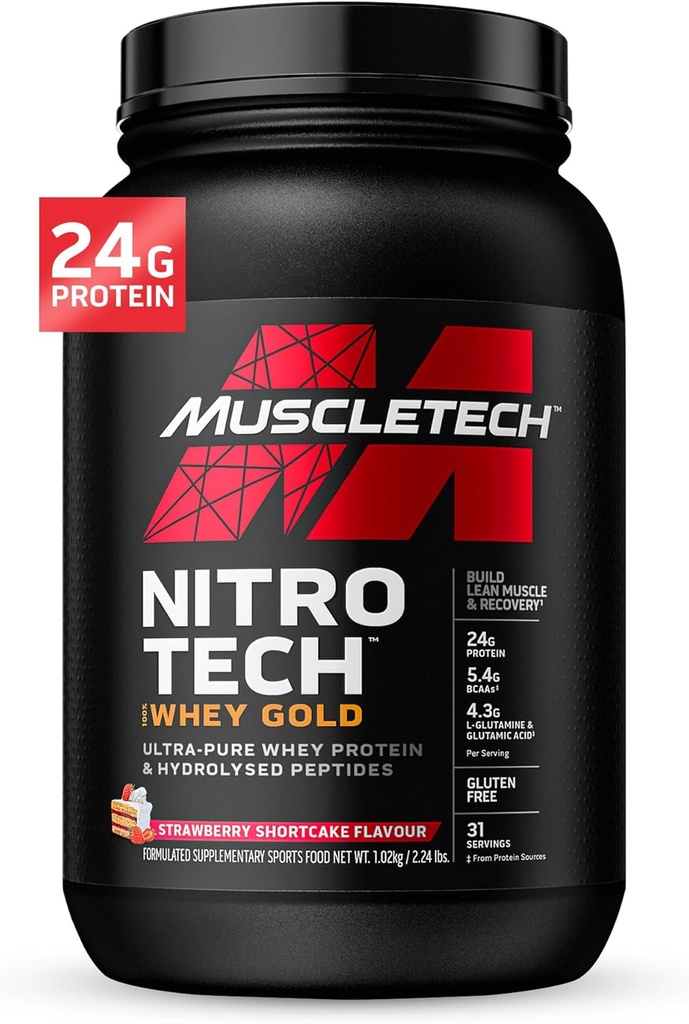 Pulbere de proteine Whey , MuşchiTech Nitro-Tech Whey Gold Proteine Pulbere , Proteină Izolat Smoothie Mix , Pulbere de proteine pentru femei şi bărbaţi , Căpşuni Proteină Pulbere, 2 lbs (28 Serv) - pachet variază