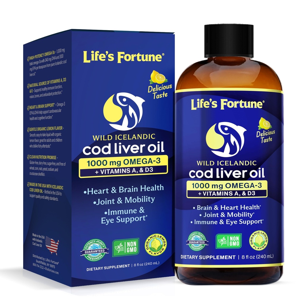Lichid lichid de ulei de lamaie organic (8 Oz) 1000 mg Omega + vitamina A, E & D3 - Suporturi Immune Health - 100% supliment ulei de pește de la Wild Ocean Cod-GMO gratuit