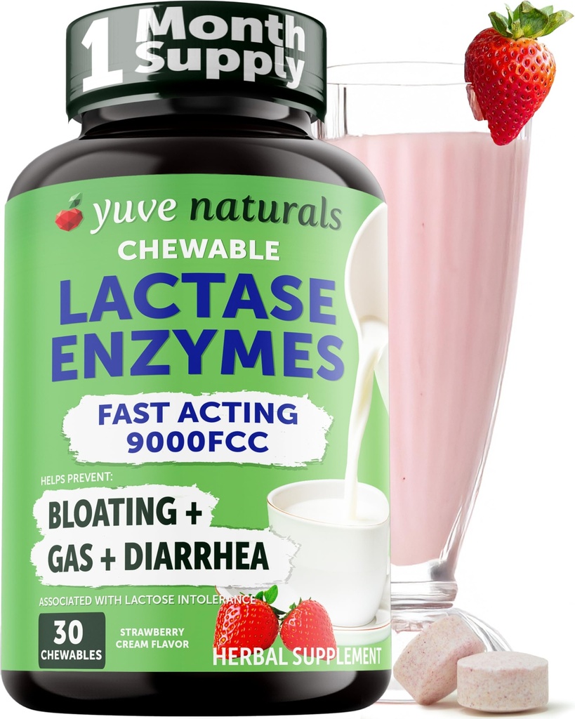 Yuve Natural Rapid Acting Dairy Relief Delicious Chewables - Lactase Enzim 9000 FCC - Spune la revedere la Dairy Discomfort de la Lactoză Intolerance - Strawberry Cream Flavor - 30ct