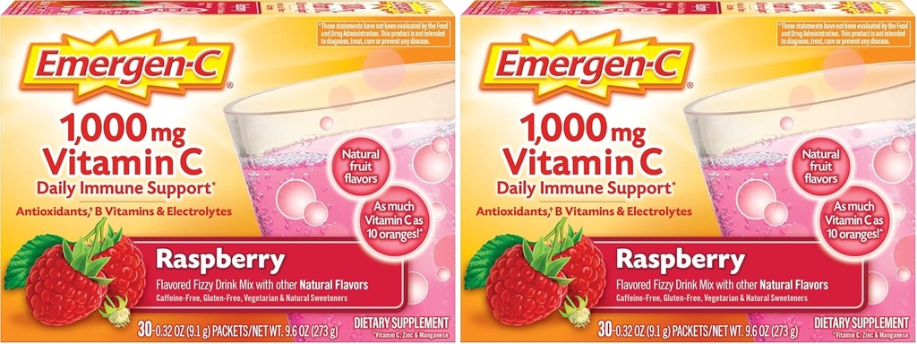 Emergen-C (30 Conte, Aromă de zmeură, 1 lună de aprovizionare supliment alimentar Fizzy Drink Mix cu 1000mg vitamina C, 0.32 Ounce Pachete, Cafeina gratuit (Pachet de 2)