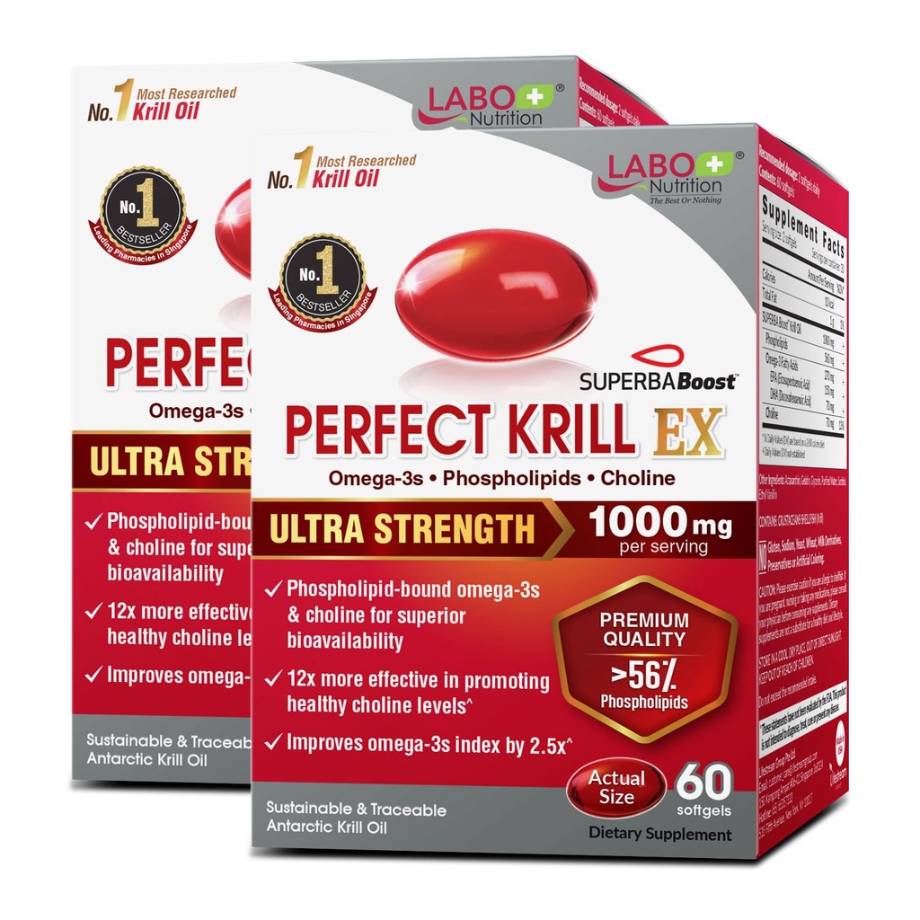 Labo Nutrition Perfect Krill EX, 1000 mg Antarctica Krill ulei Omega 3 EPA DHA, cel mai mare fosfolipide (peste 56%) cu Choline, Astexanthin Inima Creier Eye Joint Health, Made in USA, 60 softgelsX2
