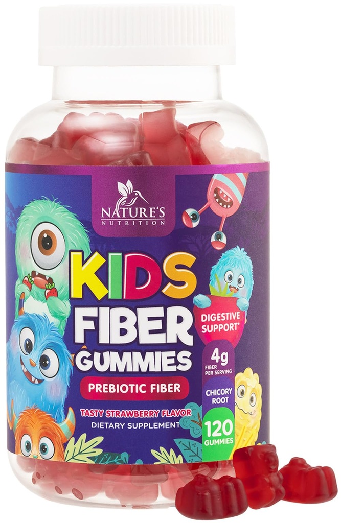 Gume de fibre pentru copii, Daily 4g Gummy Fiber Supplement, Prebiotic Digestive Health Support - Planta pe bază de fibre solubile naturale, Sprijină Regularitatea și Digestia pentru copii non-GMO - 120 Gummie