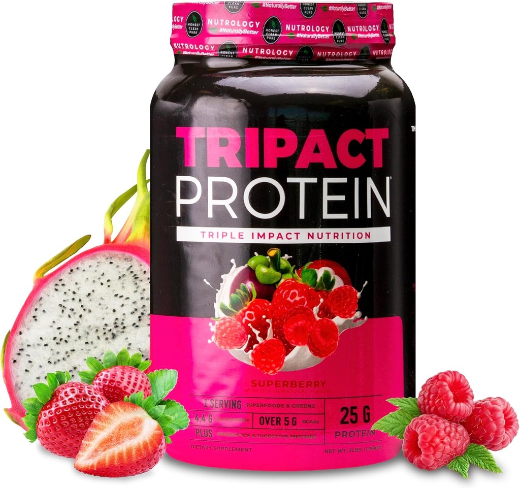 Nurologie Tripact Proteine pulbere - 7-in-1 Masa de inlocuire Shake cu iarba Pudră de proteine Fed Whey, Pea, Orez, Verzi pentru Recuperare si Imunitate musculara, Superberry Aroma, 40 Serviri