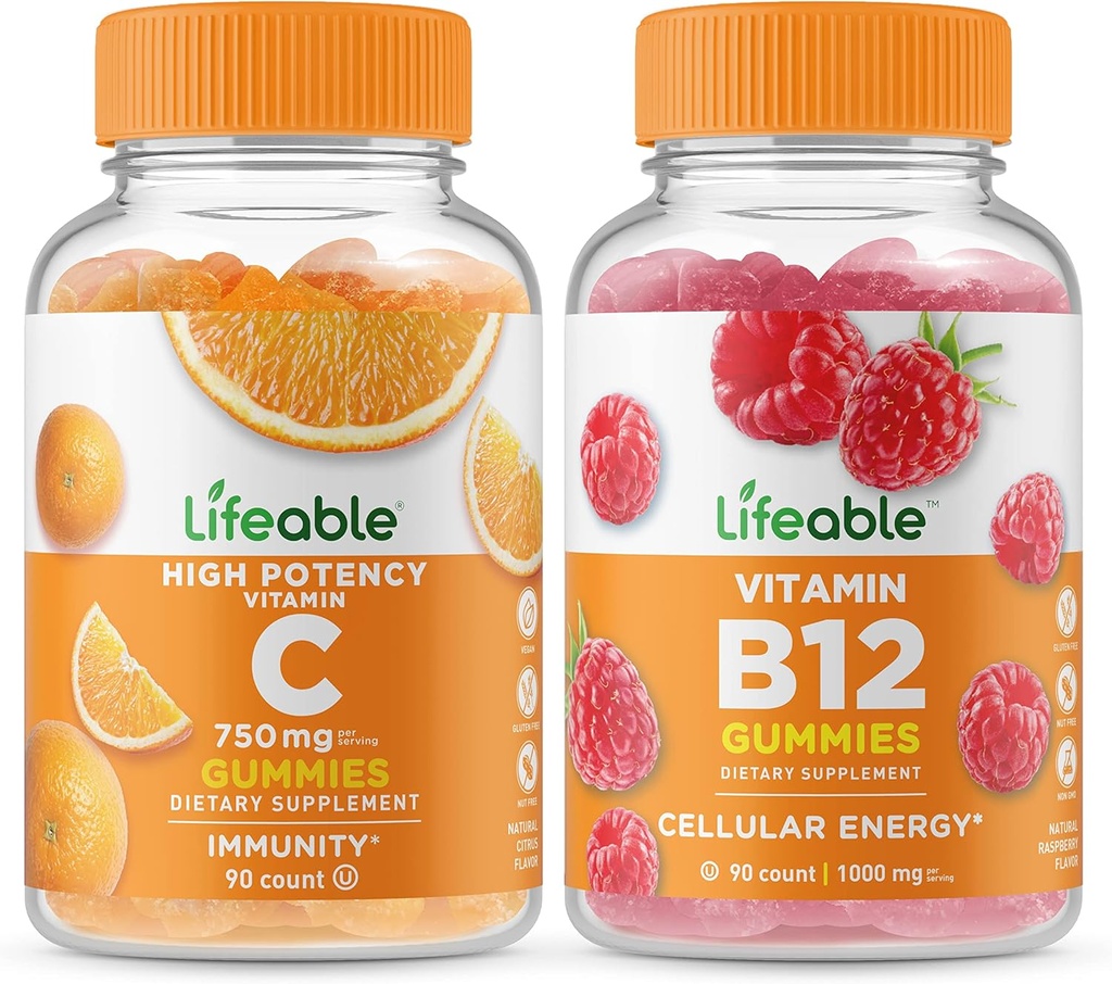 Vitamina C de viață 750mg + vitamina B12, Gume Bundle - mare Tasting, Supliment de vitamine, gluten gratuit, OMG gratuit, Guma de mestecat