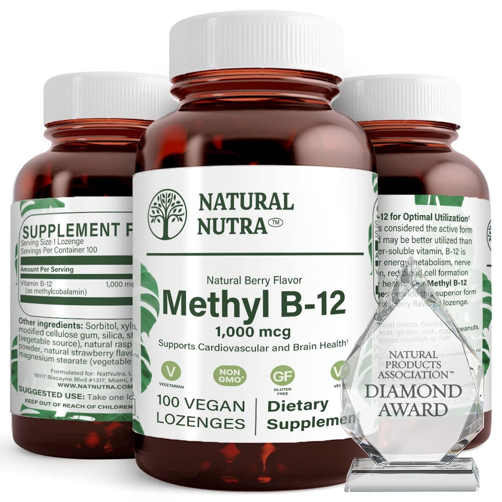 Natural Nutra Vegan Metil B12 1000mcg, Heart Health and Energy Booster Supplement, Gluten Free, Support Energy Transformation, Imbunatatirea raspunsului imun, Ajutor Functia Creierului, 100 Vegan Lozenges