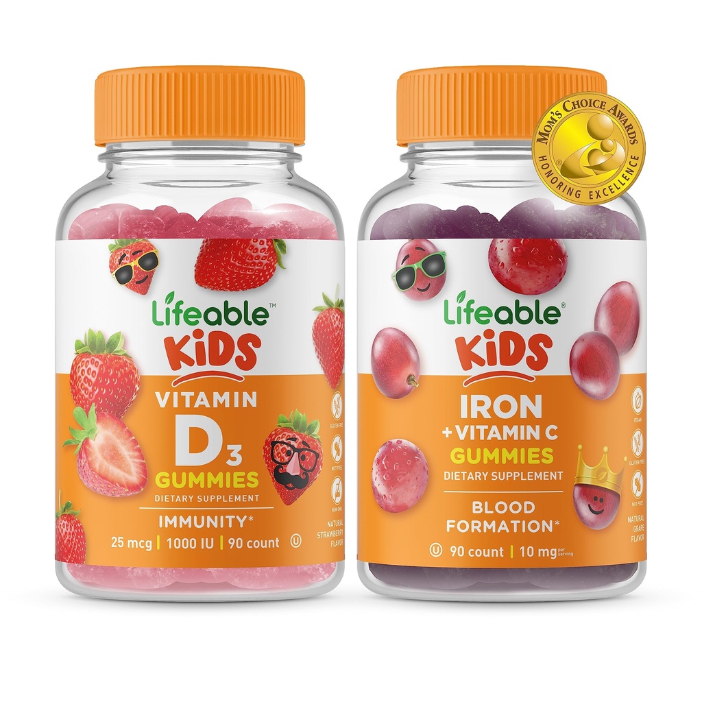 Vitamina D de viață pentru copii + Iron & Vitamina C pentru copii, Gummie Bundle - mare Tasting, Supliment de vitamine, Gluten gratuit, OMG gratuit, Gummy mestecabil