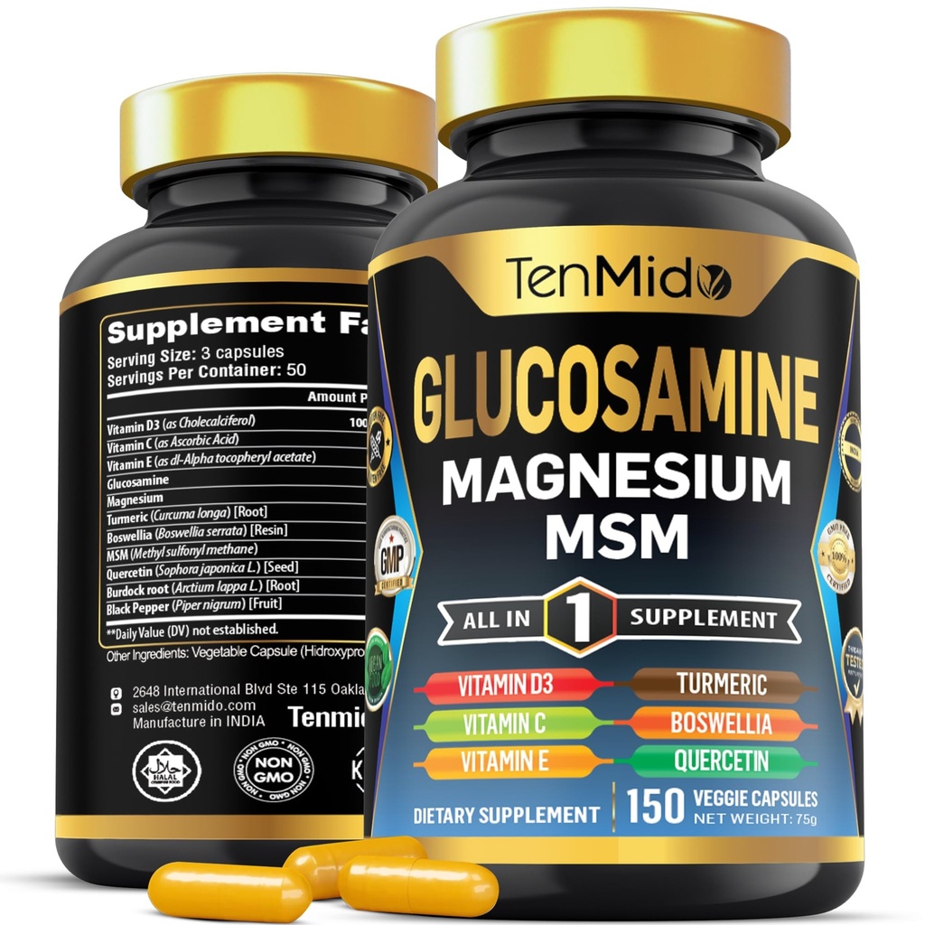 Glucosamină MSM Supliment pentru bărbaţi şi femei - 11in1 Formula - Combinaţi cu magneziu, Turmeric, Boswellia, Querbetin, Brodock Root, şi mai mult 