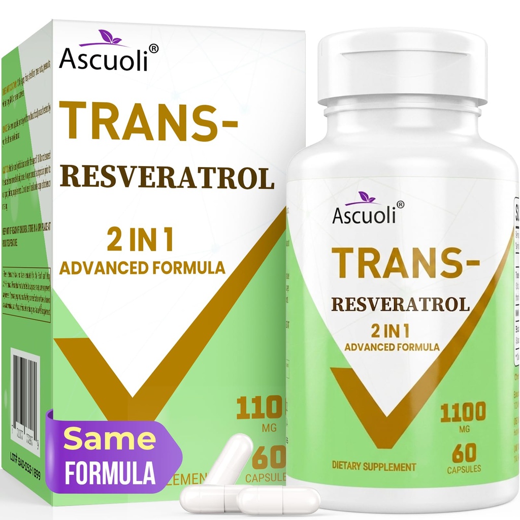 99% Ultra puritate Trans-Resveratrol 1100mg, 3-in-1 Advanced Formula Organic Resveratrol Supliment, Max Antioxidant, Anti-Aging, Skin Health, Reparatii celulare, Boost NAD+, Imune & Energy, 60 Caps
