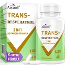 99% Ultra puritate Trans-Resveratrol 1100mg, 3-in-1 Advanced Formula Organic Resveratrol Supliment, Max Antioxidant, Anti-Aging, Skin Health, Reparatii celulare, Boost NAD+, Imune & Energy, 60 Caps