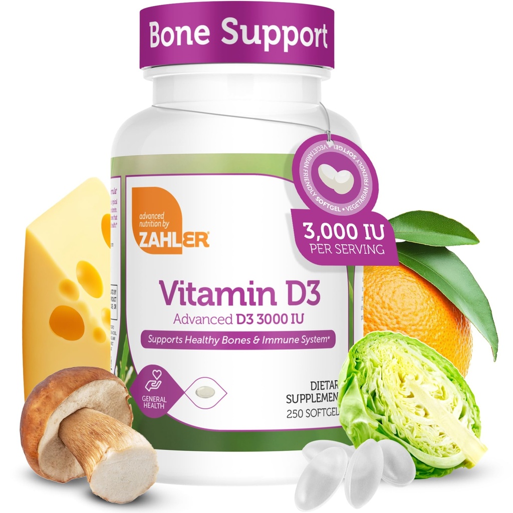Zahler Vitamina D3 3000UI, vitamina D3 Supliment 3000 UI, certificat Kosher (250 Softgels)