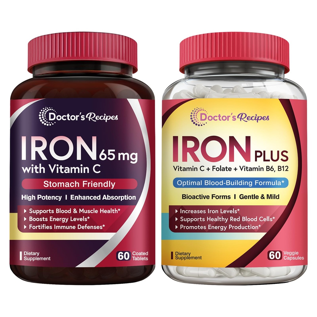 Reţete de fier 65 mg & Fier Plus Bundle, Nivele de fier sănătoase şi suport sanguin, Tablete de fier 60 ct & Capsule de fier 60 ct