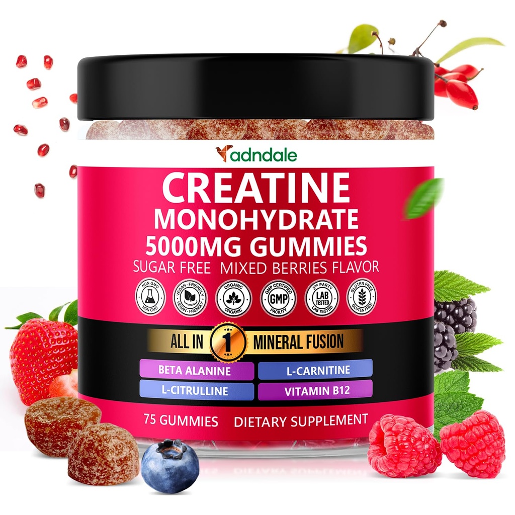 Adndale Creatine Monohidrat Gummies for Men & Women, 5000 mg per Serving Creatine Supplement with Beta-Alanine, L-Citrulline & B12 - 75 Vegan Gummies. Fără zahăr