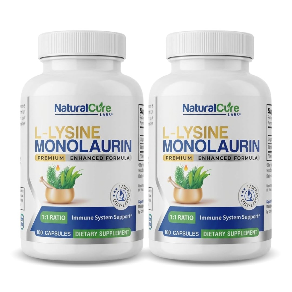Laboratoare naturale cure L-Lysine + Monolaurin 600mg 1:1 Raport, 2 cutii, 200 capsule