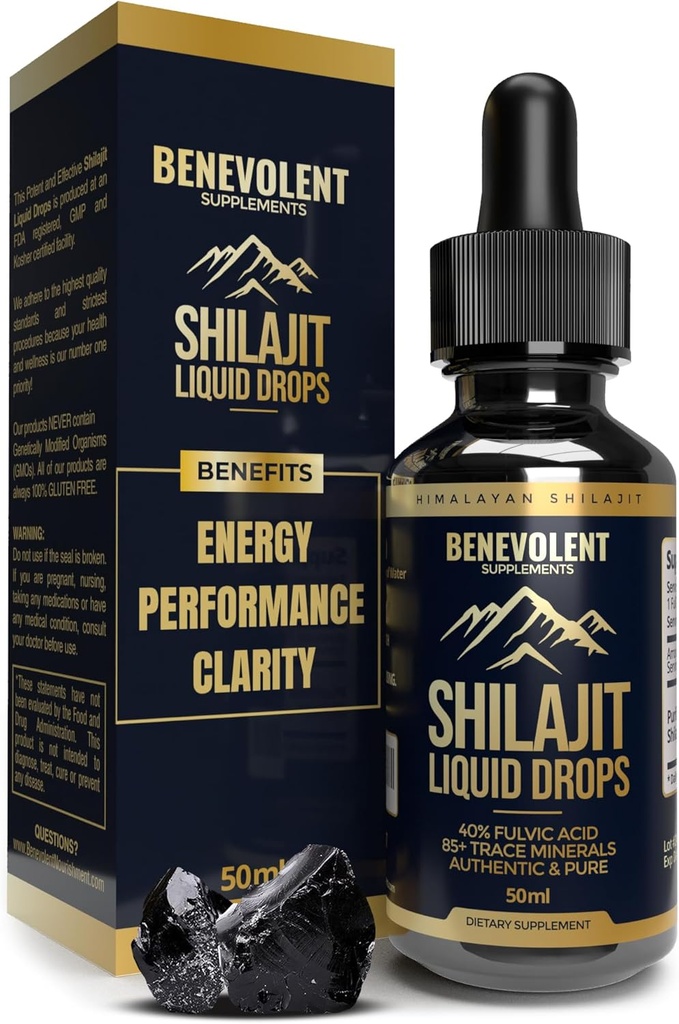 Picături lichide pure Himalayan Shilajit - 1000 mg picături naturale Shilajit - 85 + urme minerale & 40% Acid fuzelian pentru energie Boost, detoxifiere, suport de rezistență și imunitate - 50 zile de aprovizionare