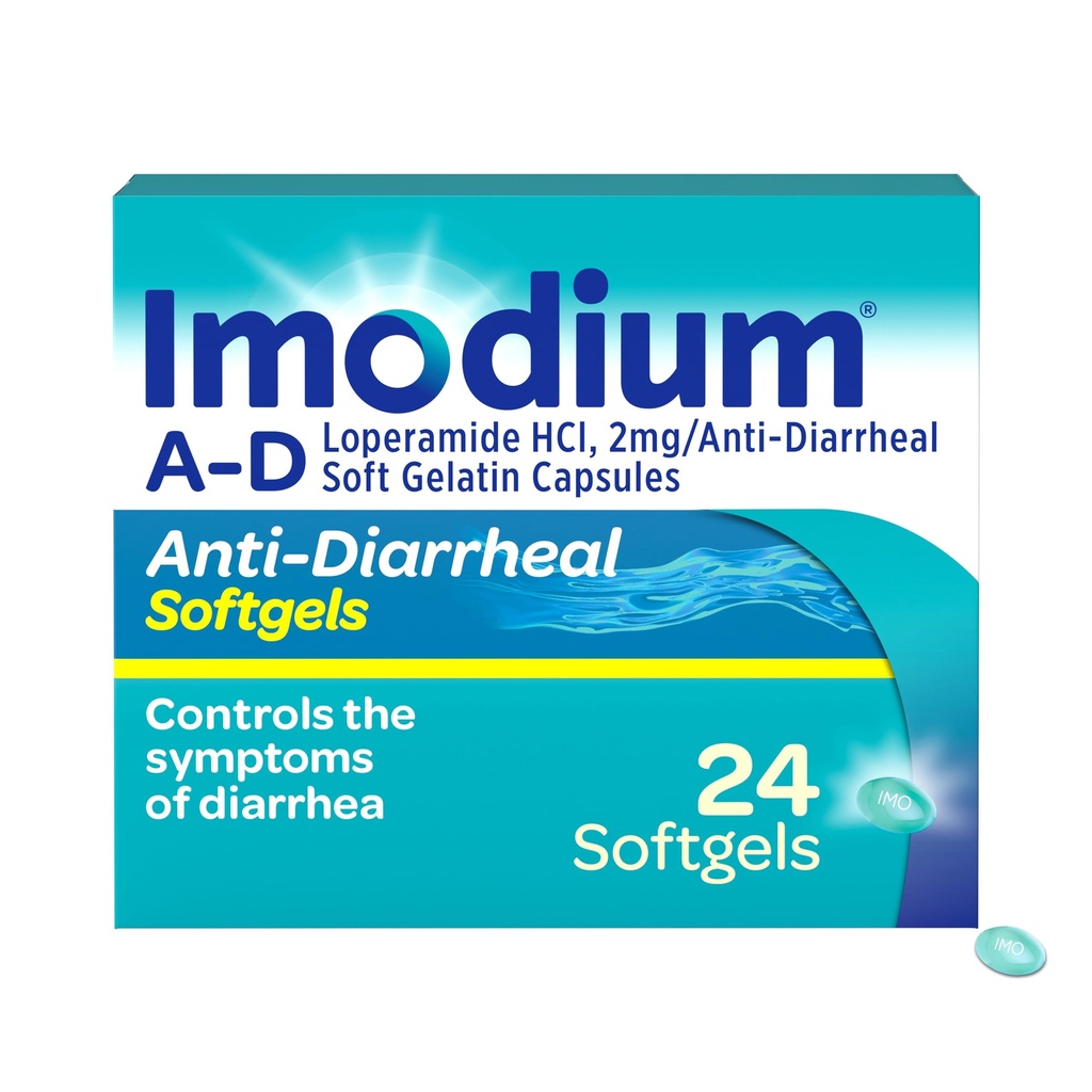 Imodium A-D Fast-Actioning Anti-Diareel Softgels, Loperamidă HCl 2 mg, Travel Essential Diaree Relief Medicine for Adulti, 24 Count, Anti Diaree pastile, Vârste 12+, Ușor de înghițit