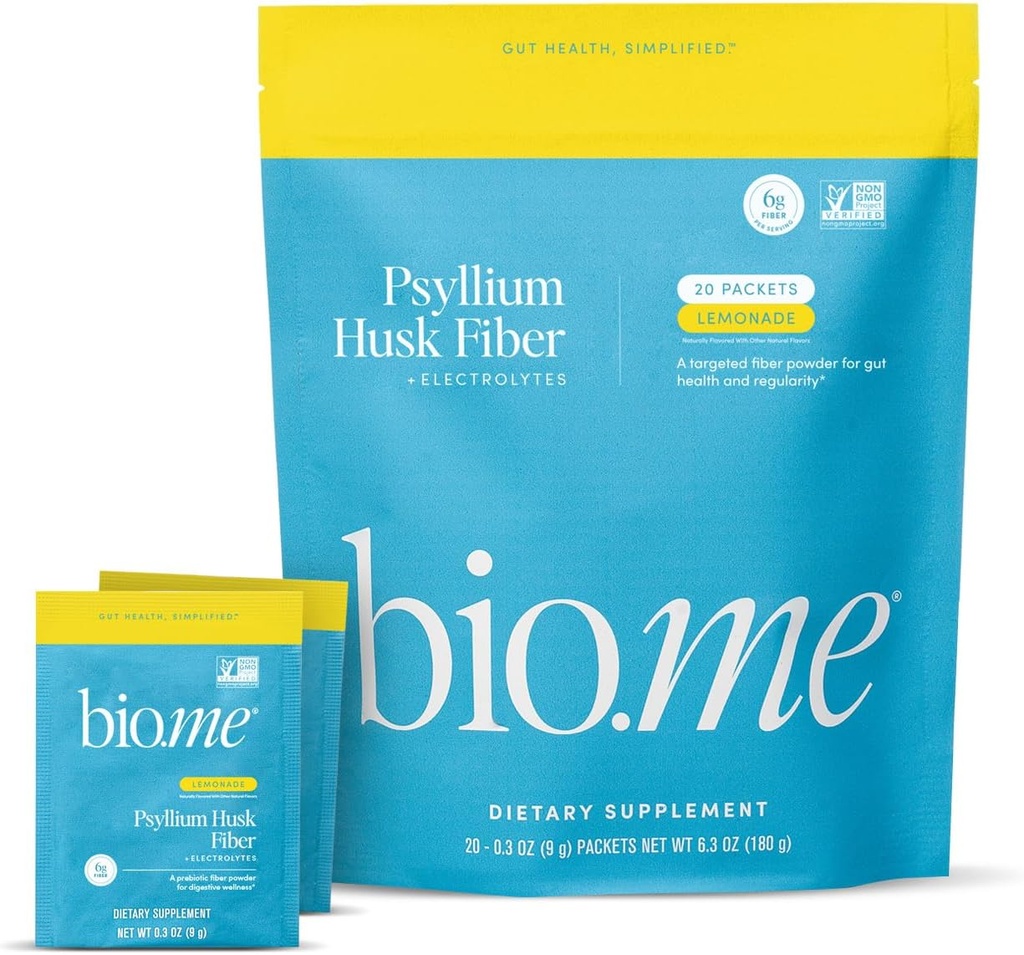 Psyllium Husk Fiber Lemonade 20 Count Travel Packs (6g Per Packet) - Psyllium Husk Powder pentru Digestive Health & Bloating Relief, Gluten Free, Sugar Free Prebiotic Fiber Powder, Non-GMO Supliment