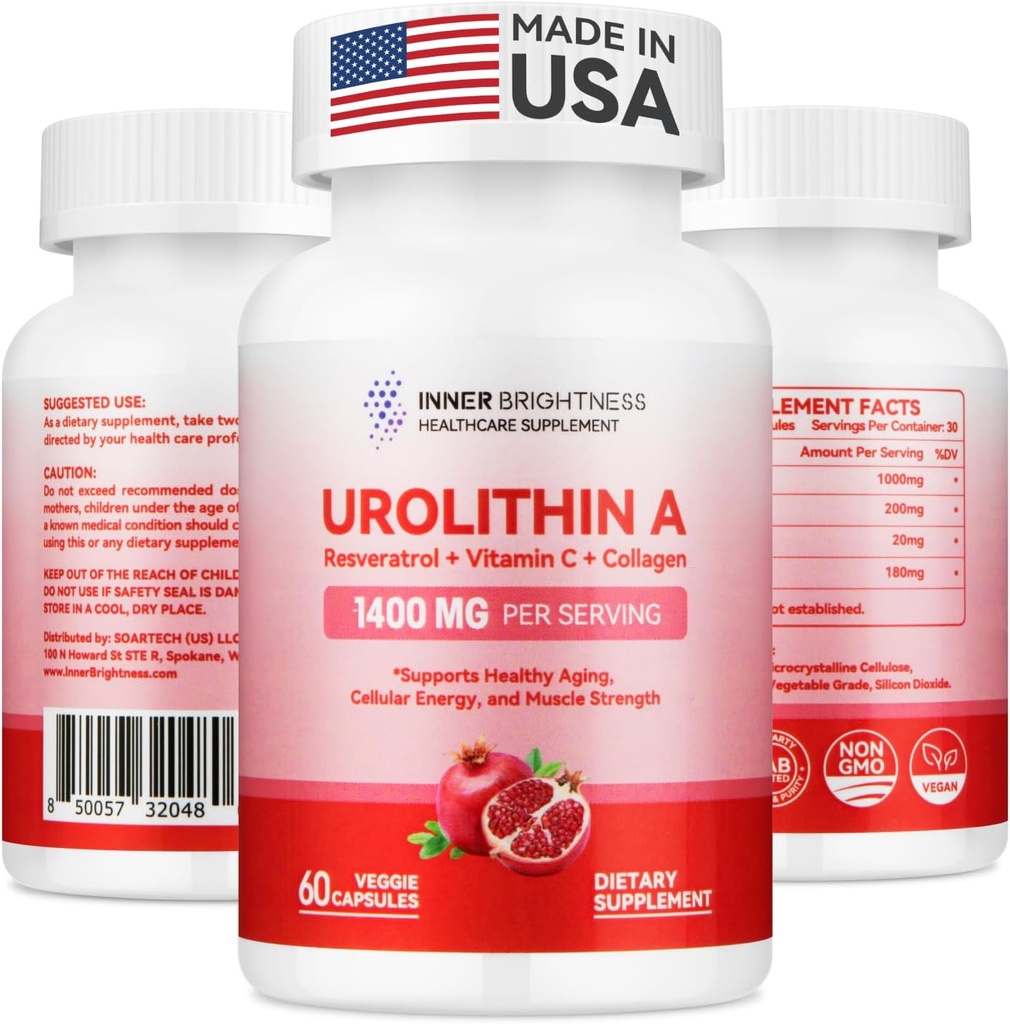 Urolitină Un supliment 1400 MG - non-GMO, gluten-free, anti-îmbătrânire, Reînnoirea celulelor, Putere musculară, Rezistenţă şi suport de longevitate, Urolitină lipozomal A, 60 Conte