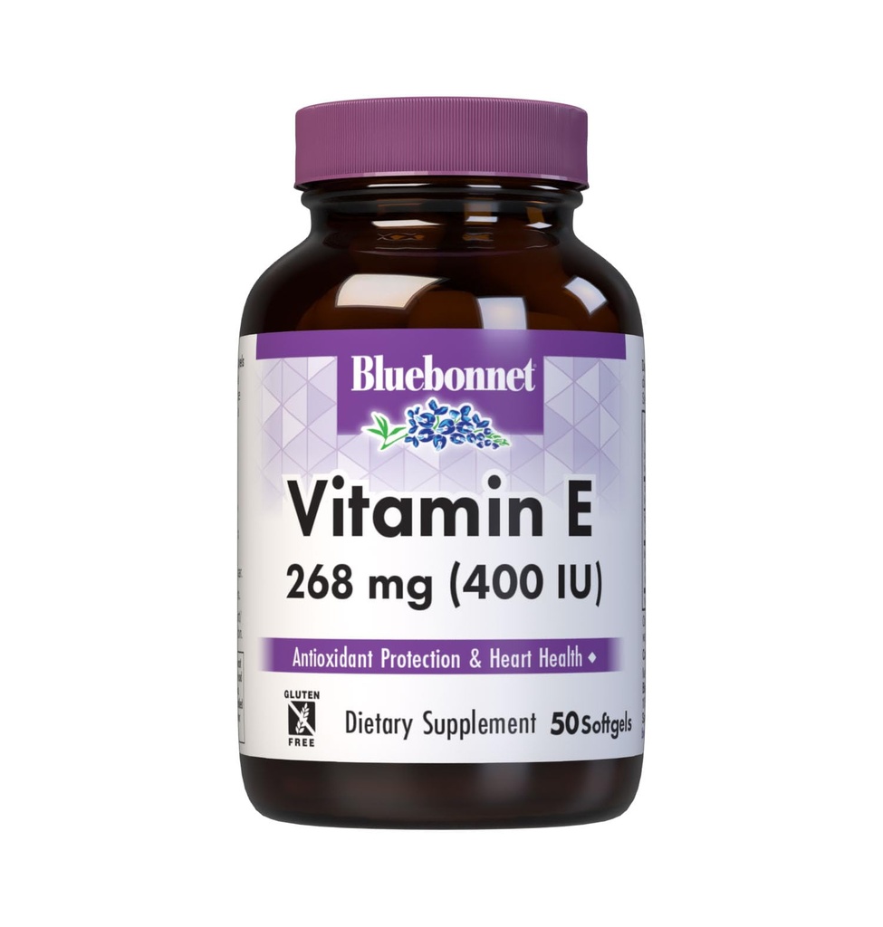 Bluebonnet Nutrition Vitamina E 400 UI (268 mg) Tocopherols Softgels, Portecţie radicală liberă şi suport cardiovascular, Gluten-Free, Dairy-Free, 50 Softgels, 50 Servings