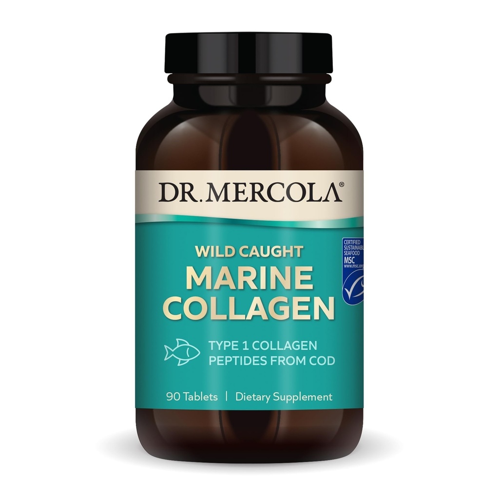 Dr. Mercola Wild Caught Marine Colagen, 30 Servings (90 Tablets), Tip I Colagen Peptides, Dietary Supplement, Promovează Aspect Tineret, Non-GMO, MSC Certified