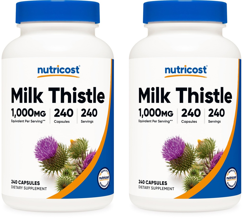 Nutricost Milk Thistle 1000 mg echivalent, 240 capsule (2 cutii) - 250 mg extract 4:1 - Vegan, non-GMO și gluten liber